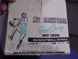 Here's a 1950's Bob Cousy basketball empty shoe box with his picture on it and his signiture. A couple tears here and there and no lid, but the color is good and this is really a neat old item.