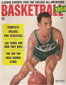Bob Cousy of the Boston Celtics is on the cover, but most of the yearbook covers the college scene featuring players such as Tom Gola, Bob Pettit, Cliff Hagen, Larry Costello, Frank Selvy, John Kerr, Gene Shue.